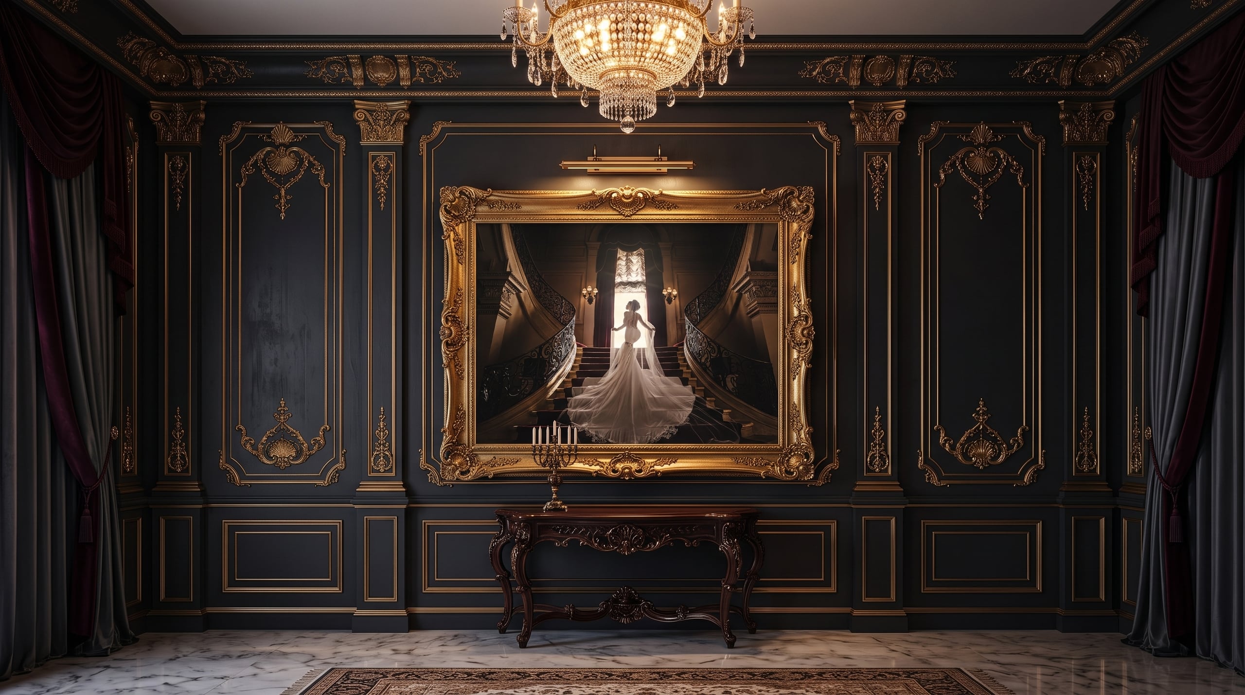 A gold-framed wedding portrait displayed as wall art in an elegant dark panelled room, Michael Anthony Photography