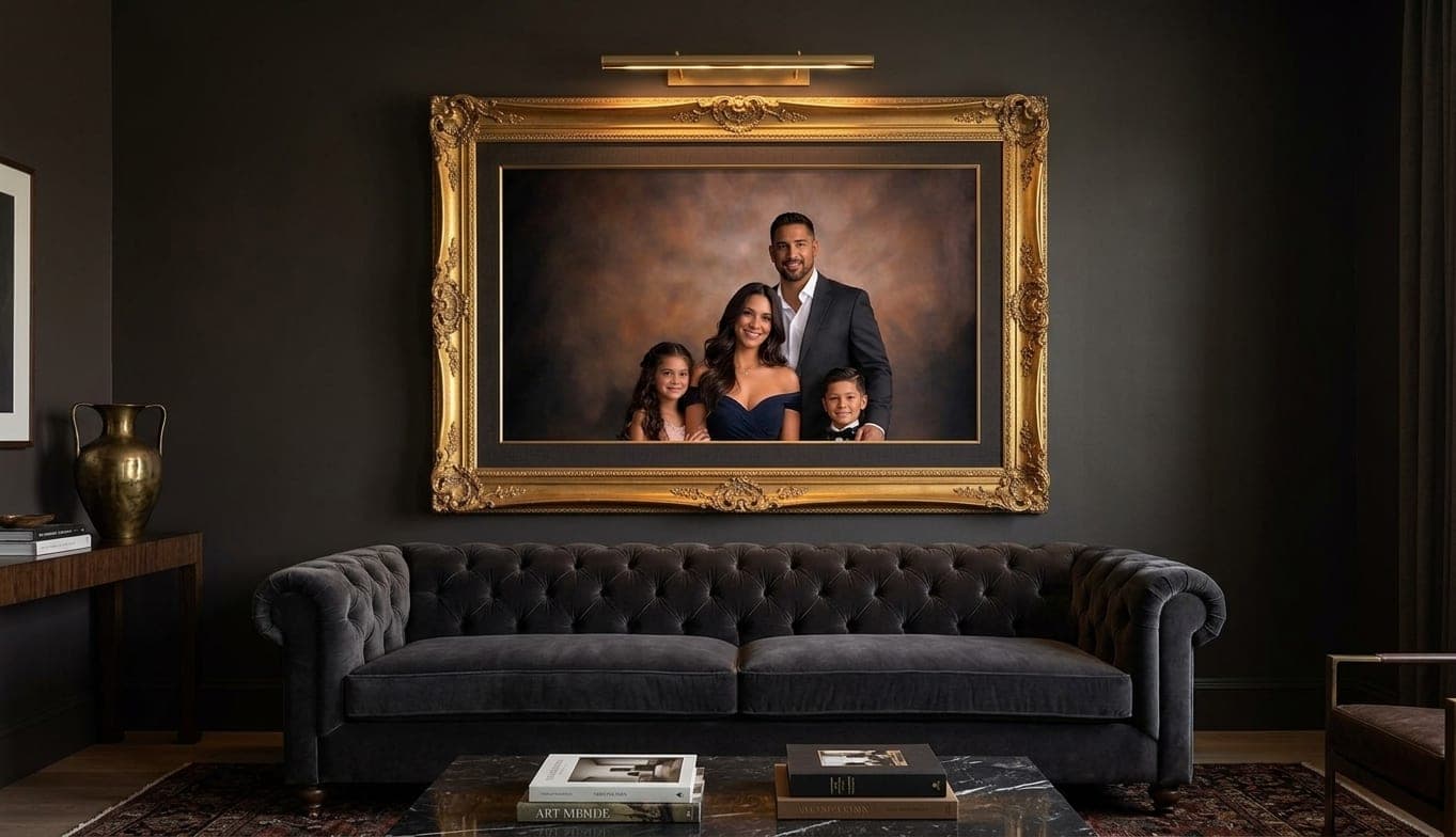Framed family portrait hanging in a dark luxury living room
