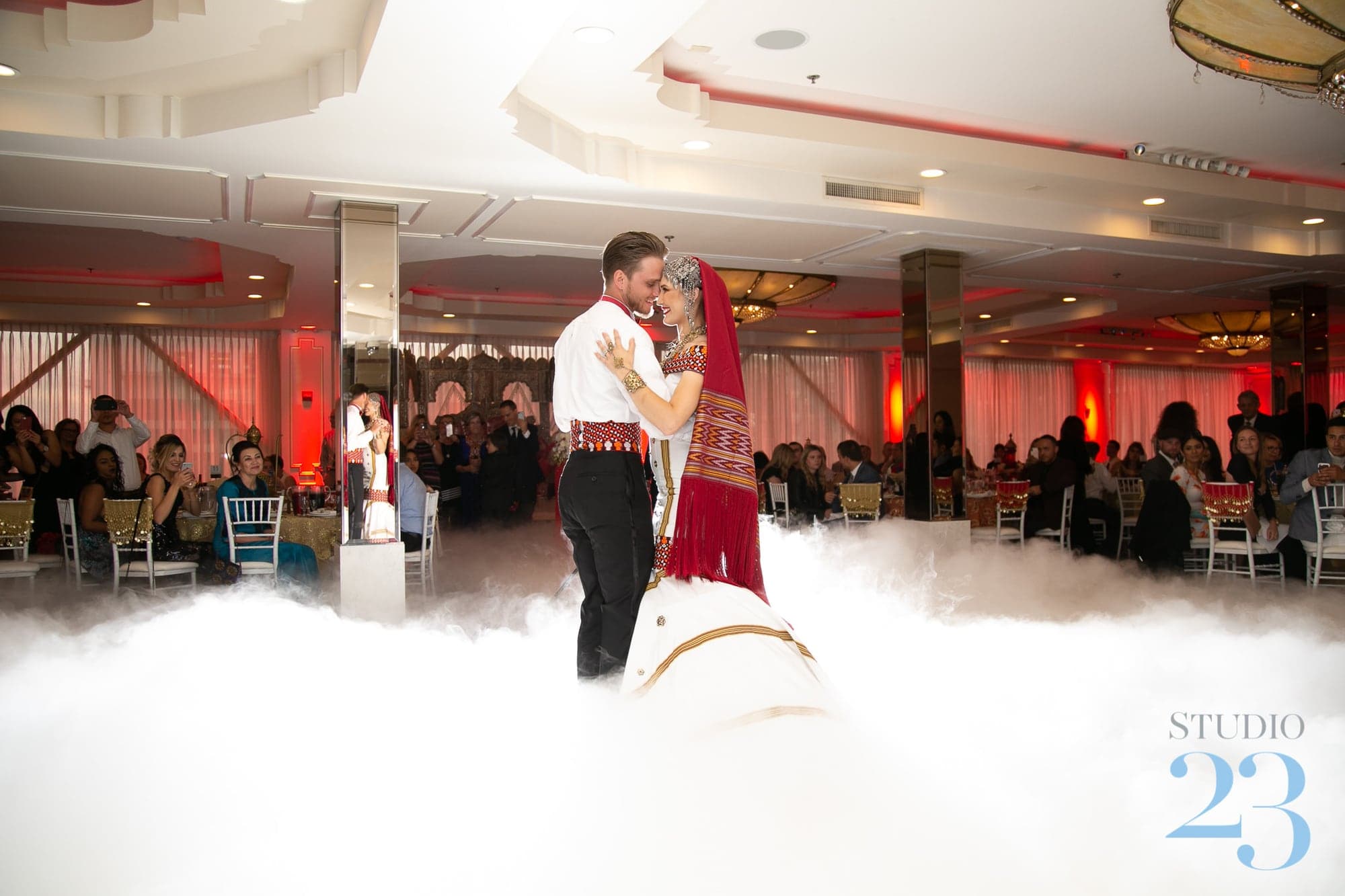 Aygul and Cameron dancing through low fog at Brandview Ballroom