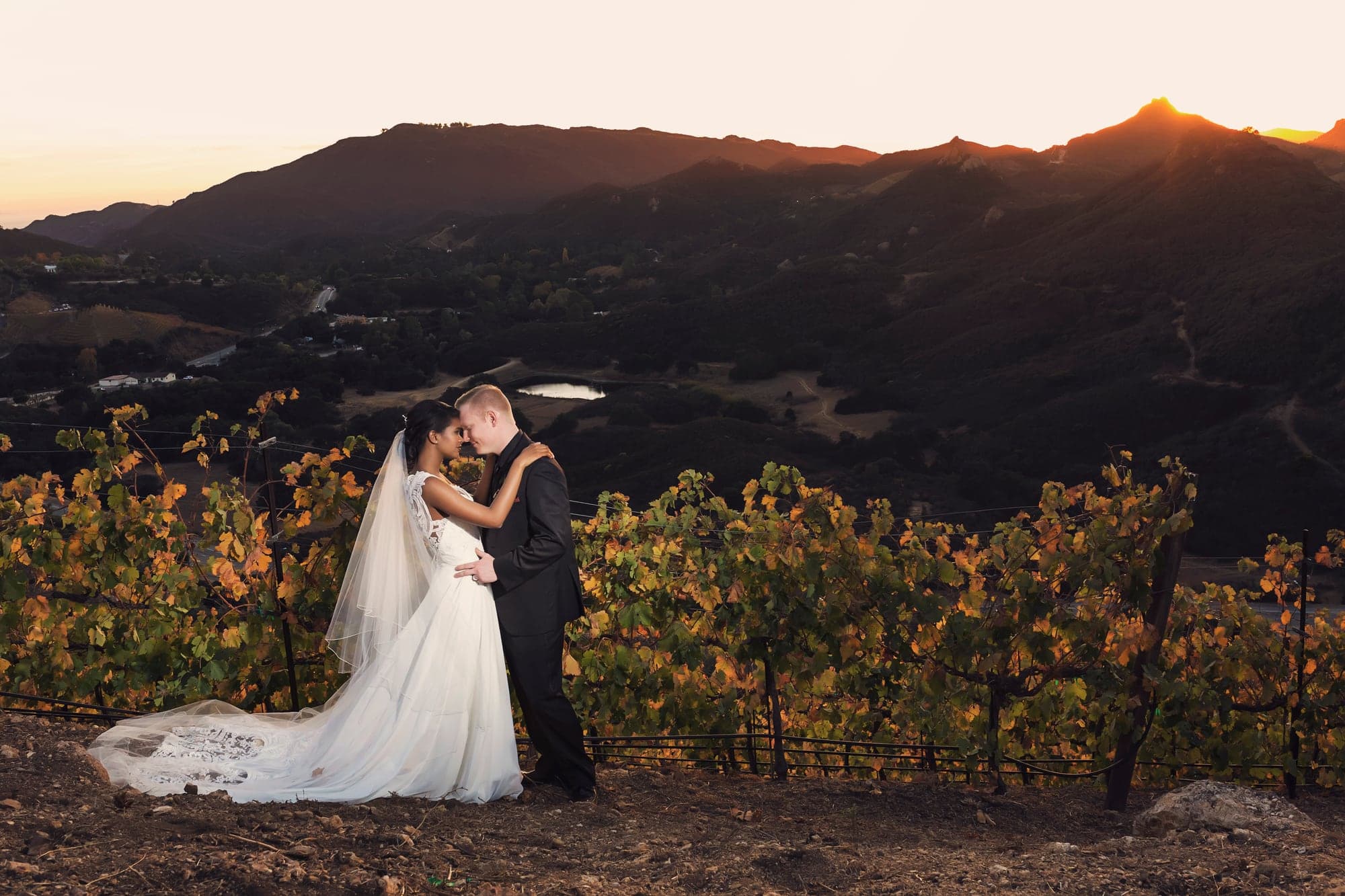 Wedding couple embracing above the Malibu vineyards at sunset