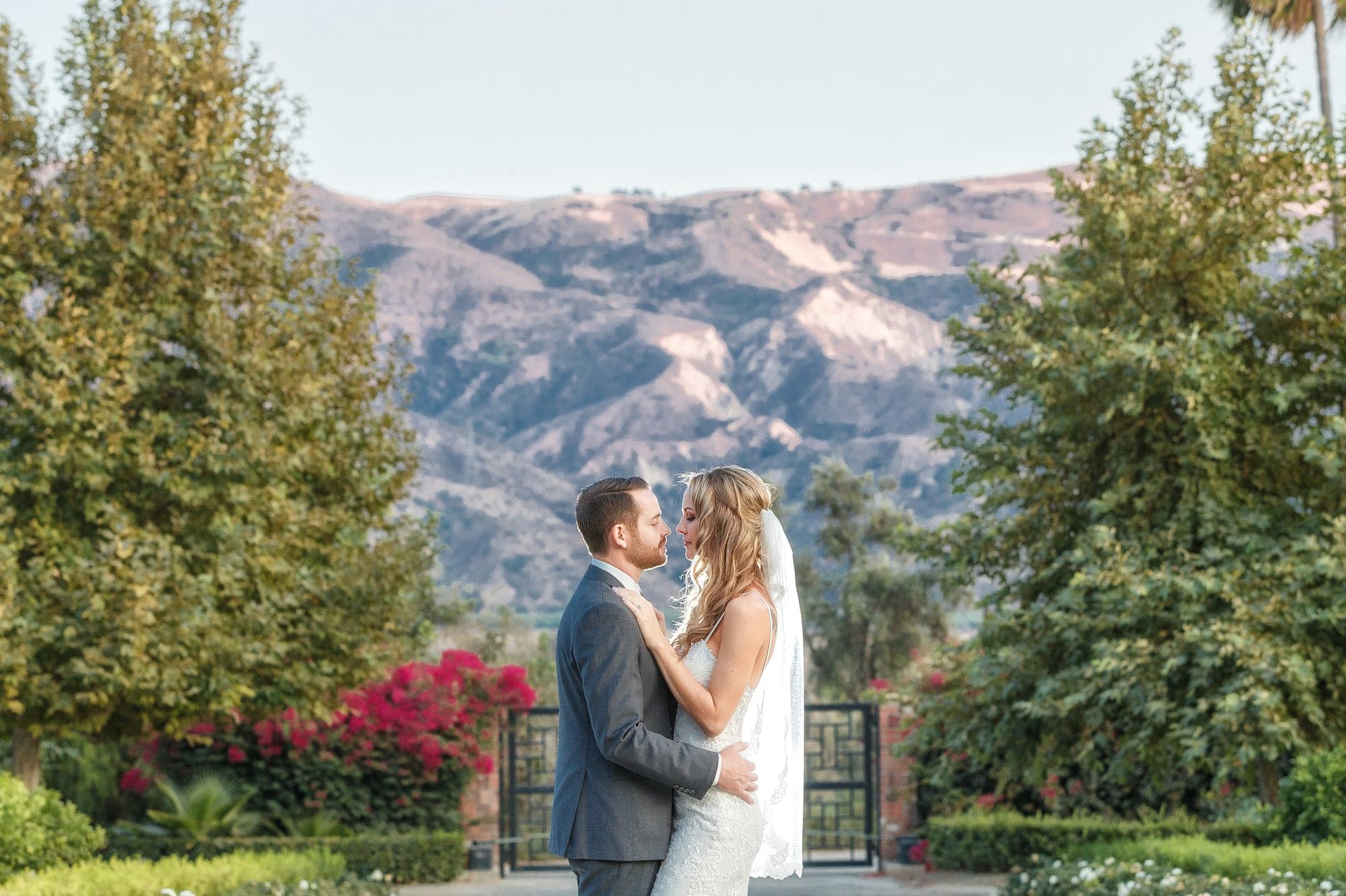 Newlyweds overlooking the hills at sunset from Newhall Mansion