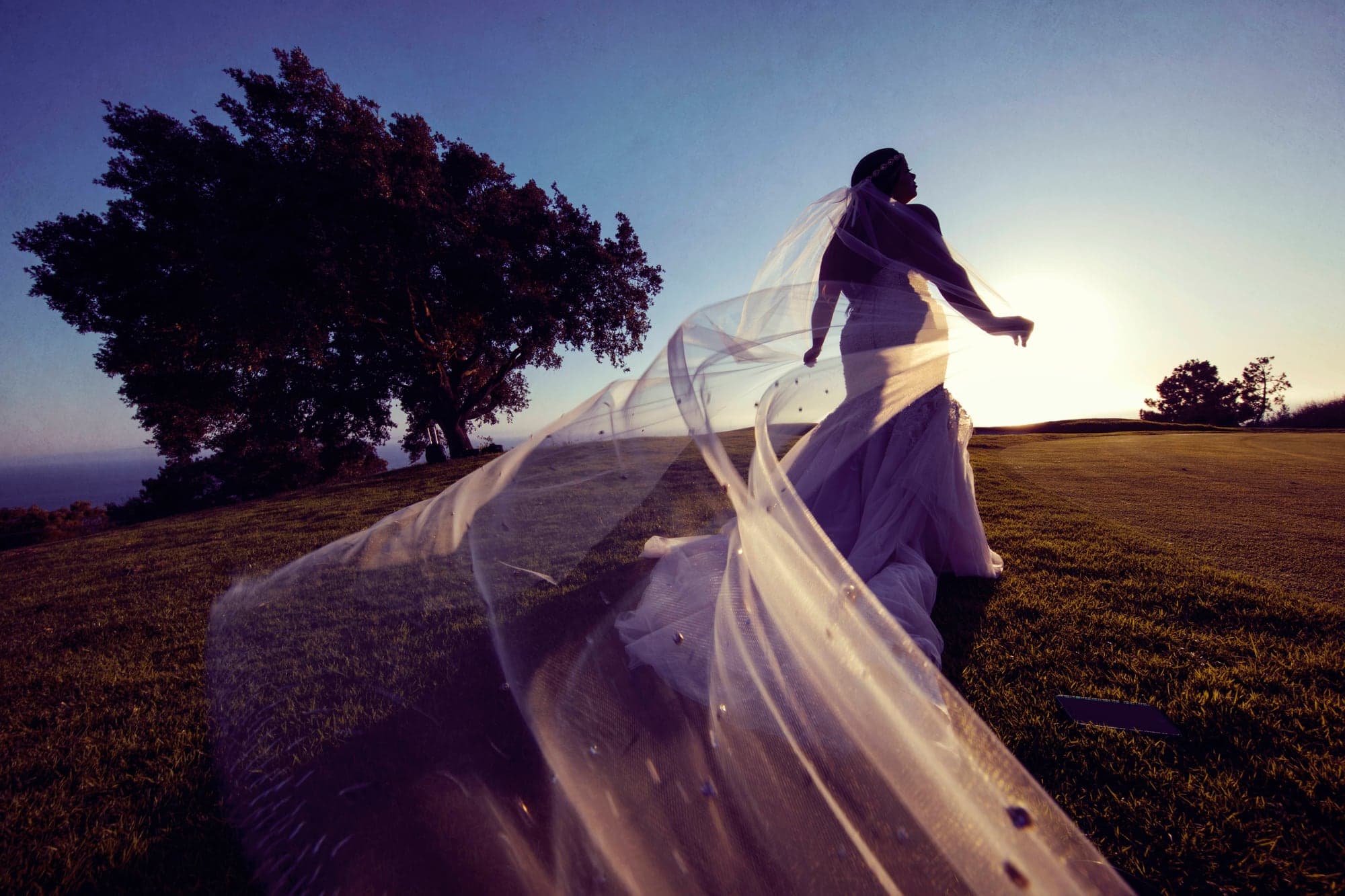 Bride silhouetted at sunset above the Pacific Ocean in Palos Verdes