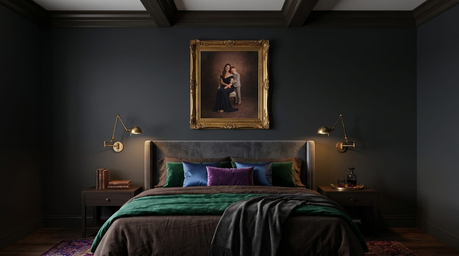 Gold-framed portrait above a velvet headboard in a moody primary suite