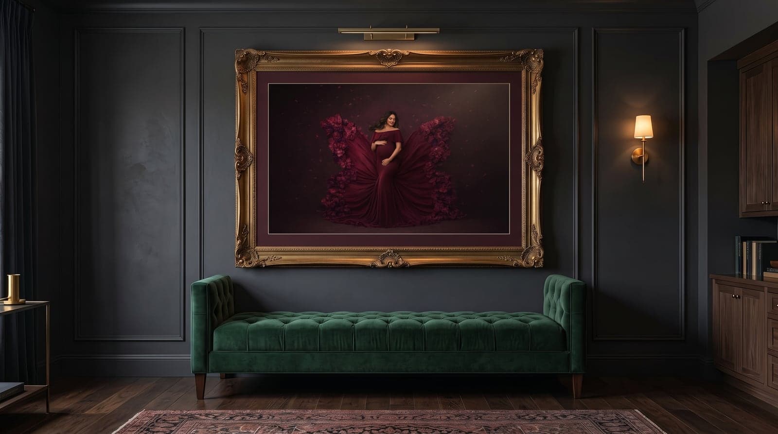 Wide gold-framed maternity portrait above an emerald velvet bench