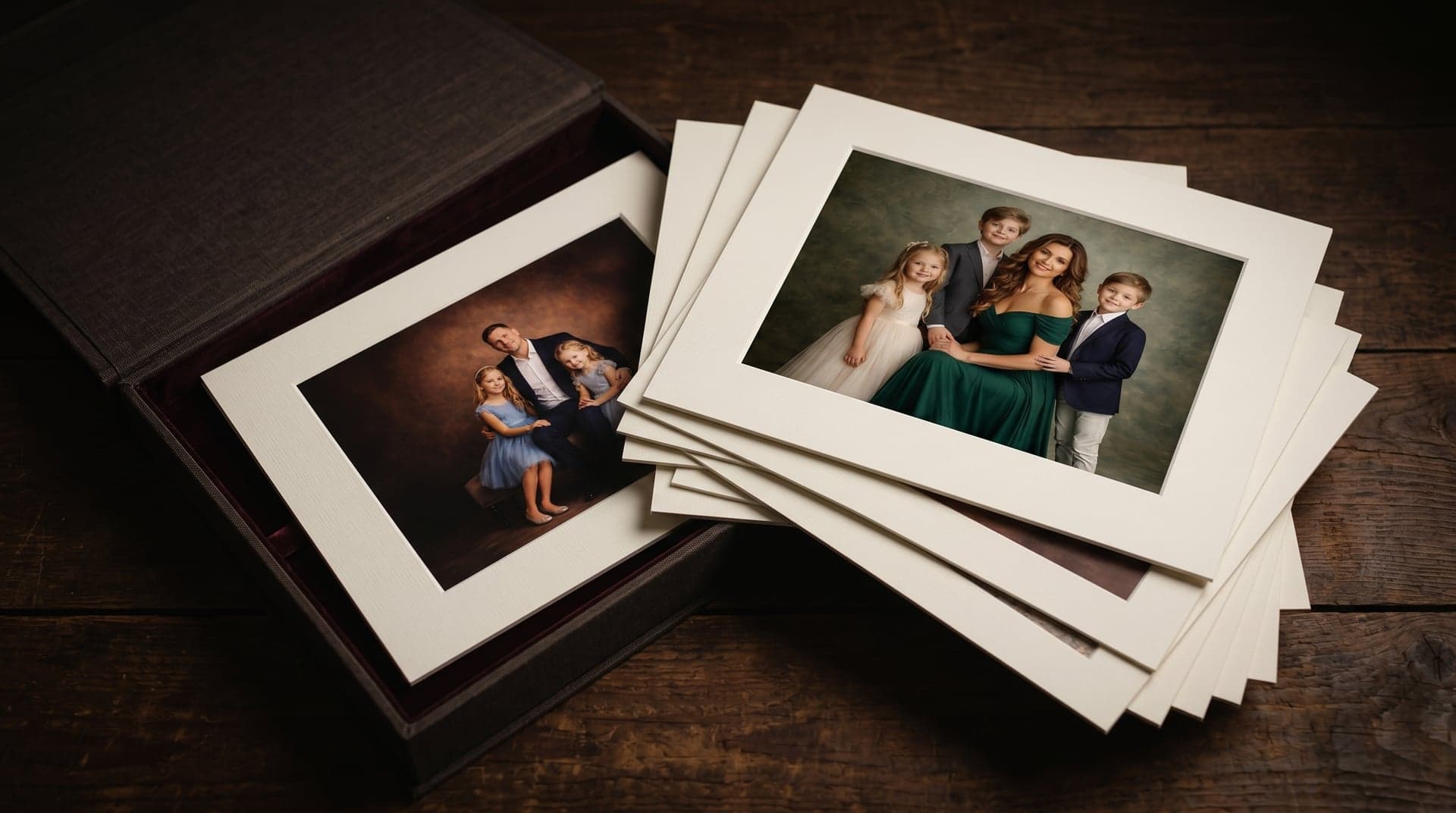 Linen image box holding museum-matted family prints on dark wood