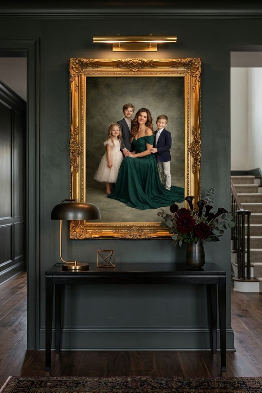 Tall gold-framed family portrait with a brass picture light above an entry console