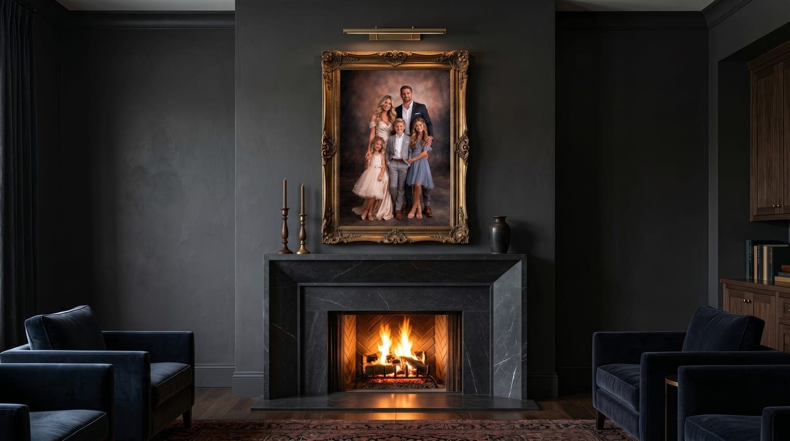 Gold-framed family portrait hung above a black marble fireplace in a dark living room