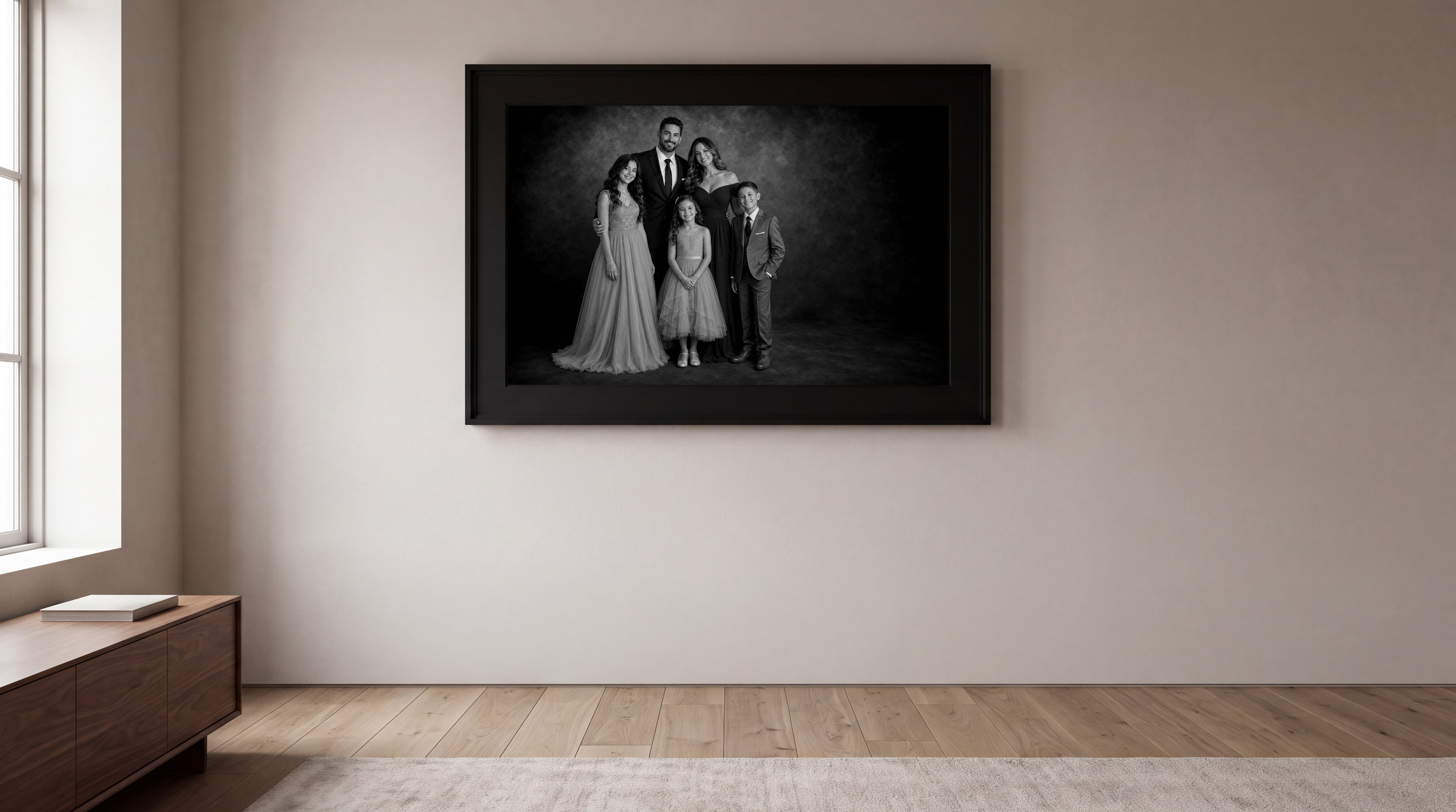 Hand-finished framed portrait hanging in a luxury living room
