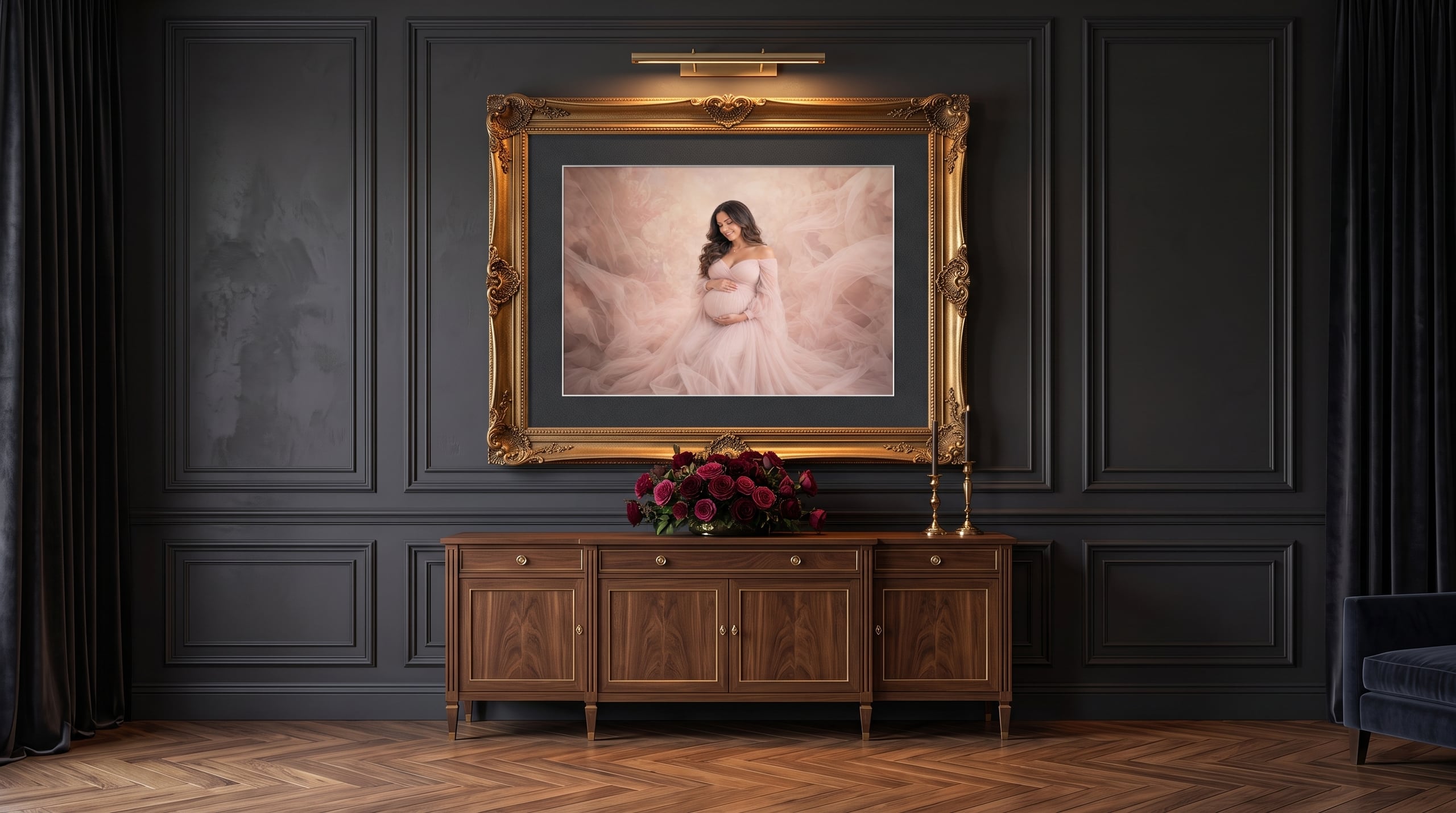 Gold-framed blush maternity portrait with a picture light above a walnut credenza in a dark panelled room