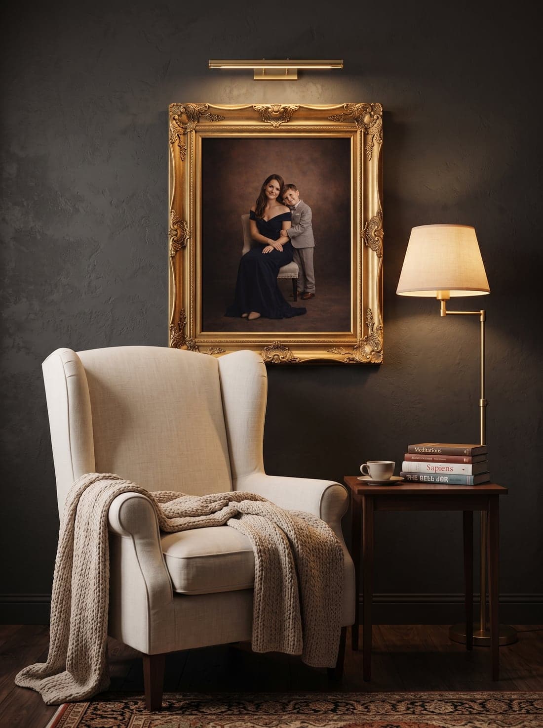 Gold-framed portrait of a mother and son above a cream reading chair