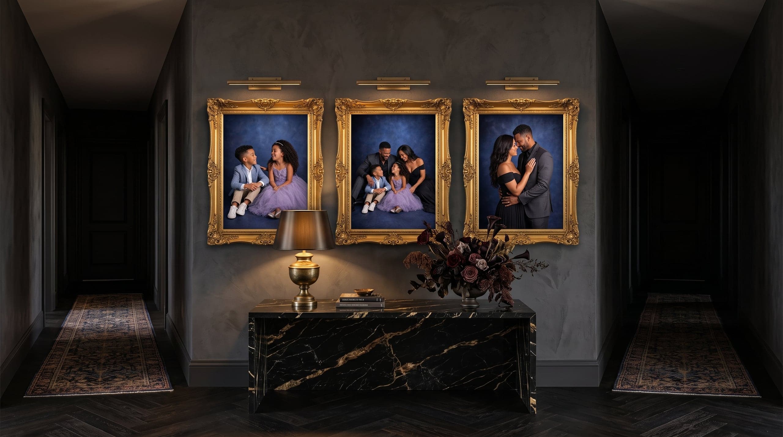 One family in three gold frames, the kids, the family, and the parents, above a marble console