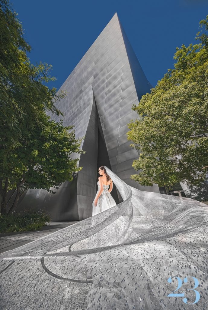 A photo of a bride in Downtown Los Angeles at the Disney Concert Hall, one of the best Los Angeles Wedding Photography Locations